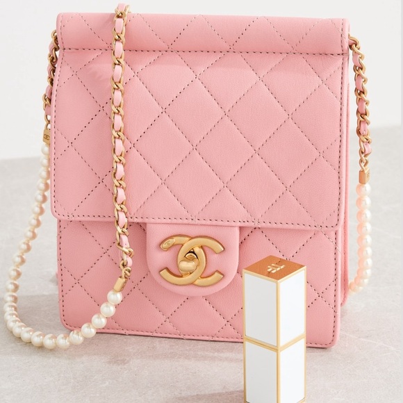 CHANEL Handbags - Chanel Pink Pearl Chain Vertical Flap Bag